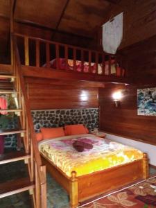 Kayu AroPelangi Guest House的一间卧室配有一张木制双层床和梯子