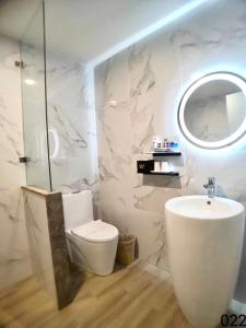 龙潭温馨汽车旅馆的一间带卫生间、水槽和镜子的浴室