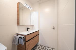 格拉茨Premium Apartments im Stadtzentrum的一间带水槽和镜子的浴室
