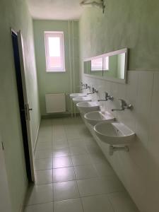 Moldava nad BodvouHostel SOS Moldava的浴室设有4个水槽和一排镜子