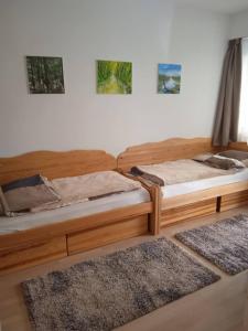 柴尔凯瑟勒Csiribá Apartman的配有两张木床的带两张地毯的房间