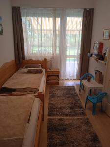 柴尔凯瑟勒Csiribá Apartman的一间卧室设有两张床、一个窗户和一个地毯。
