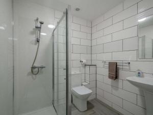 巴洛赫Westertonhill Lodges的带淋浴、卫生间和盥洗盆的浴室