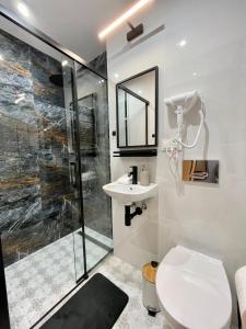 拉多姆Przytulne mieszkanie w centrum miasta的带淋浴、卫生间和盥洗盆的浴室
