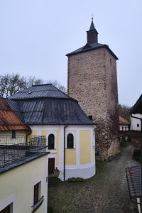 FürsteneckWirtshaus Im Schloss Fürsteneck的砖砌建筑旁的塔楼