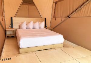 博雷戈斯普林斯棕榈谷万怡度假酒店的一间小卧室,在帐篷里配有一张床