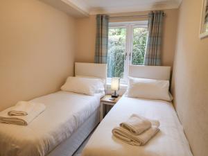 安布尔塞德Ambleside Haven的带窗户的客房内设有两张单人床。