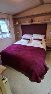 阿贝尔格莱180 Golden Gate North Wales的一间卧室配有一张大床和紫色毯子