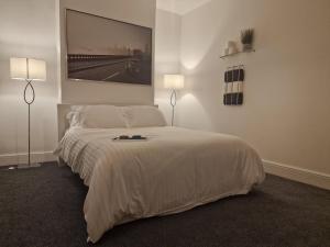 伦敦Beautiful Rooms in London的一间卧室配有一张带两盏灯的床,墙上挂有一幅画