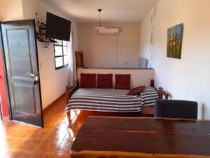 波特雷罗德洛斯弗内斯Posada Valle del Sol的卧室配有一张床铺,位于带桌子的房间