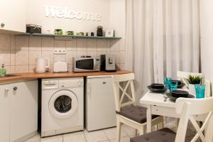 布达佩斯Budapest Apartment的厨房配有洗衣机和微波炉。
