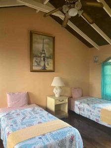 特拉Villa Brisa Marina的卧室配有两张床,墙上挂着一幅画