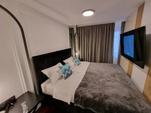 亚霍里纳Apartman Vučko 118的一间卧室配有带枕头的床铺和电视。