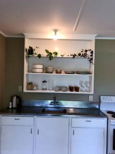 莫图伊卡Comfy at Ed's - 20 mins to Kaiteri & Abel Tasman的厨房配有白色橱柜、水槽和植物架子