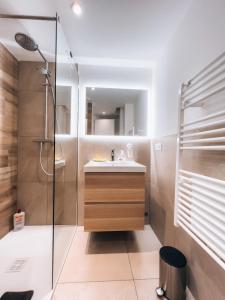 米卢斯Gîte des Victoires的带淋浴和盥洗盆的浴室