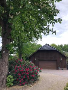 埃曼B&B De Drentse Es的前面有一个树和鲜花的车库