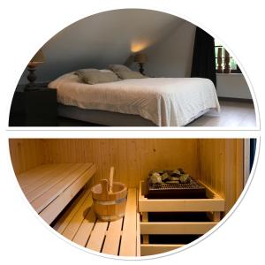 埃曼B&B De Drentse Es的两张照片,一间房间配有一张床和一个浴缸