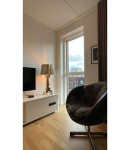 哥本哈根ApartmentInCopenhagen Apartment 1518的客厅配有椅子和电视