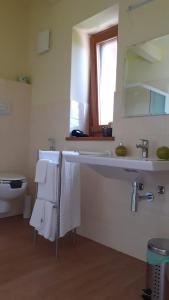 BuonabitacoloCountry House Poggio Alto的浴室配有盥洗盆、卫生间和毛巾。