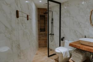 花莲市畔居民宿的带淋浴、卫生间和盥洗盆的浴室