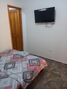 莱蒂西亚Hotel CHAFO的一间卧室配有一张床和一台平面电视