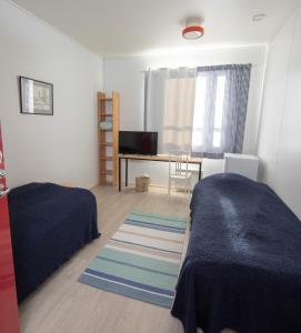 Rautuskylä玛扎塔罗朱尔塔宾馆的一间卧室配有两张床和一张书桌及电视