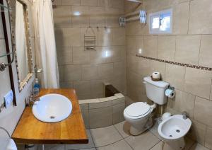 圣卡洛斯-德巴里洛切Hermosa y confortable casita en Bariloche的浴室配有盥洗盆、卫生间和浴缸。