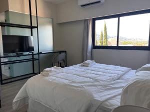 卡塔马卡Nuevo Hotel Ancasti的酒店客房设有两张床和大窗户。