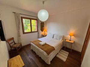 拉塞雷纳El Arbol Hostel的一间卧室设有床、两张桌子和一扇窗户