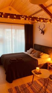 海伦芬Bed and Breakfast Heerenveen Centrum met Privé Sauna en Jacuzzi的一间卧室配有一张床、一张桌子和灯