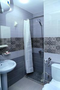 赫尔格达Lamera Hotel的带淋浴、卫生间和盥洗盆的浴室