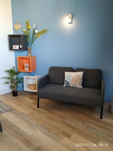 马赛studio vue imprenable sur marseille的客厅设有一张沙发,客厅设有蓝色的墙壁