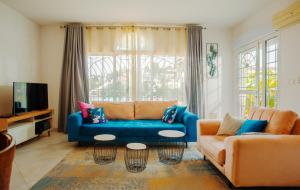 塔那那利佛Appartements - Le Paradisier Ambatobe的客厅配有蓝色的沙发和电视