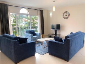 塔那那利佛Appartements - Le Paradisier Ambatobe的客厅配有2把蓝色椅子和电视