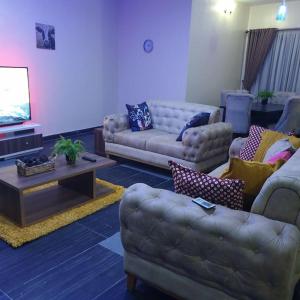 莱基ORCHID House Stylish 3BDR Terrace Duplex Free WiFi DSTV的客厅配有两张沙发和一台电视机