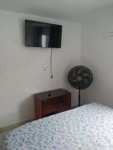 皮涅拉Loft/APTO em Praia da Pinheira的卧室配有一张床,墙上配有电视。