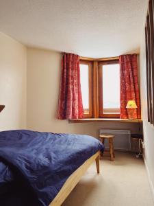谷雪维尔Appartement La Tania的一间卧室设有蓝色的床和窗户。