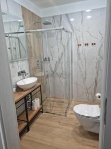 库特诺Apartament Oporowska 22A的带淋浴、卫生间和盥洗盆的浴室