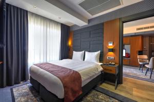 埃斯基谢希尔Nova Vista Deluxe & Suites a Member of Radisson Individuals的酒店客房设有一张大床和一张桌子。