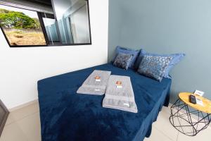 雅乌Jahu Center Plaza Flats的客房设有一张带蓝色床单和镜子的床。