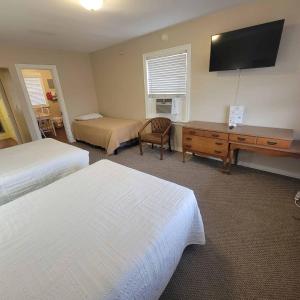 AuroraEarly American Motel的酒店客房设有两张床、一张桌子和一台电视。