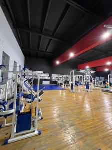 奎兹洛达Гостиница Селена的一间健身房,里面设有一排机器,铺有木地板