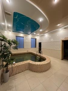 奎兹洛达Гостиница Селена的天花板上配有电视的客房内的大浴缸