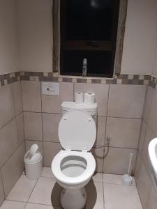 KomgaNgwenkala Game Lodge and Safaris的一间带白色卫生间的浴室和窗户。