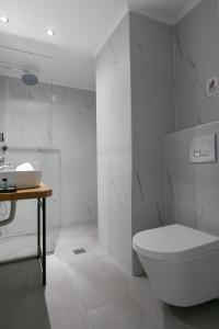 拉加纳斯Club Zante Plaza的白色的浴室设有卫生间和水槽。
