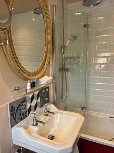 布罗德韦百老汇酒店的一间带水槽、镜子和淋浴的浴室