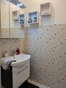 卡尔斯鲁厄Apartment in TOP Lage Durlacher Tor/KIT的一间带水槽和镜子的浴室