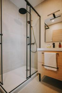 圣马洛Apparts'hôtel l'Europe - centre gare-的带淋浴的浴室和玻璃门
