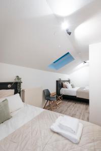 克罗泽特Les Loges du Léman的一间卧室设有两张床和蓝色的天花板
