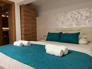 索科矿泉村Apartmani Tesla的一间卧室配有一张大床和毛巾